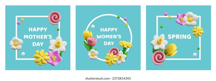 Realistic plasticine spring flowers on Happy womens day and mothers day posters set circle and square shapes. 3D clay texture, dough craft sculpting creation. Vector render blossom floral design.