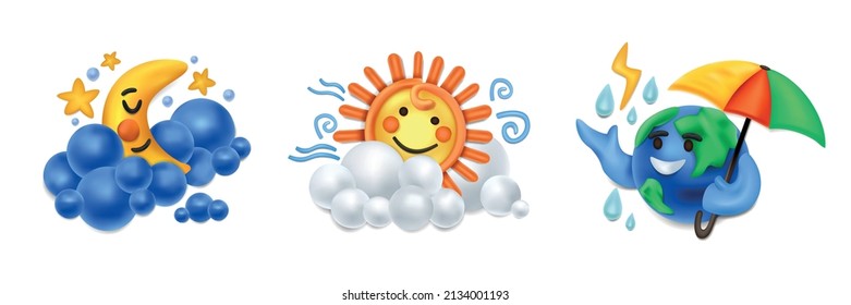 Realistic plasticine weather set with three isolated compositions of sun moon and cloud bubble shaped icons vector illustration