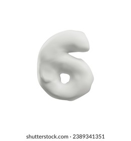 Realistic plasticine white number six. Vector 3D even numeric symbol 6. from dough or clay texture, icon isolated on white background. Render child creation modeling, sculpting typographic object