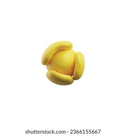 Realistic plasticine yellow ball with arcuate details. Vector 3D render design element from dough. Clay texture round shape isolated on white. Child creation modeling object. Handmade craft sculpting