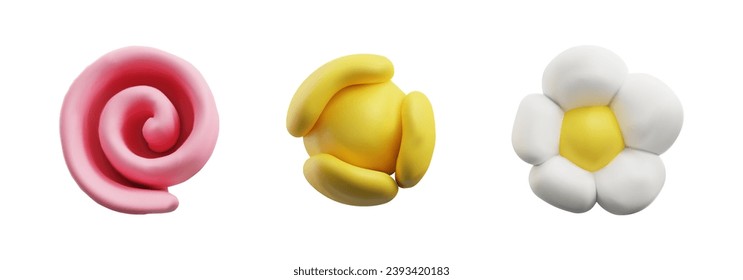 Realistic plasticine yellow ball with arcuate details, chamomile flower and pink curl. Vector 3D render blossom elements from dough. Clay texture icons set. Child creation modeling, sculpting object