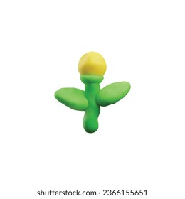 Realistic plasticine yellow bud flower with leaves. 3D clay texture beginning to bloom plant. Child modeling creation, handmade craft sculpting. Vector isolated dough blossom element for floral design