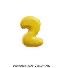 Realistic plasticine yellow number two. Vector 3D even numeric symbol 2 from dough or clay texture. Render child creation modeling, sculpting typographic count object isolated on white