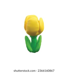 Realistic plasticine yellow tulip with leaves. 3D clay texture beautiful flower. Child modeling creation, handmade craft sculpting. Vector dough blossom element for floral design isolated on white