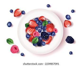 Placa realista de fresas frescas fresas fresas fresas moras arándanos frambuesas frambuesas arriba visión vectorial ilustración