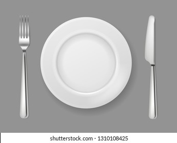 Realistic plate knife fork. Silver cutlery white food empty plate metal fork and knife on dinner table top view isolated vector