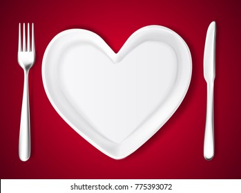 Realistic plate in shape of heart, knife, fork. Valentine's day romantic kitchenware, love and care symbol. Ceramic utensil for holiday evening celebration. Vector illustraiton on dark red background