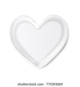 Realistic plate in shape of heart mockup. Valentine's day romantic kitchenware, love and care symbol. Ceramic utensil for holiday evening celebration. Isolated vector illustraiton on white background