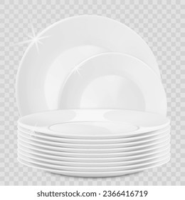 Realistic plate stack and bowls. Clean dishes, stacked kitchen tableware. Stack of clean washed food plates, dishware mockup isolated on transparent. 3d vector illustration. Porcelain crockery plate