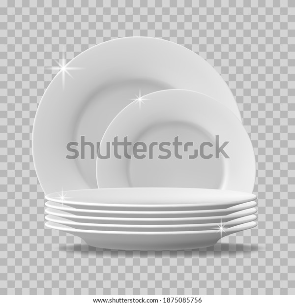 Realistic plate stack. Clean dishes, stacked\
kitchen tableware for dishwasher. Stack of clean washed food\
plates, tableware vector illustration. Porcelain crockery plate,\
detailed kitchen closeup\
utensil