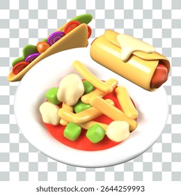 Realistic plate with vegetable soup, quesadilla, taquitos. Vector creative culinary composition