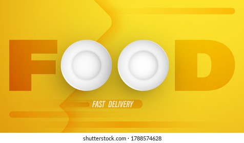 Realistic plates. Fast food delivery from shops for online orders. Service. Conceptual yellow banner. Vector