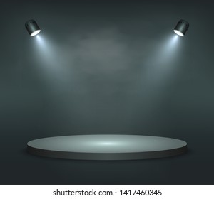 Realistic platform, podium or pedestal with spotlights