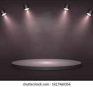 Realistic platform, podium or pedestal with spotlights