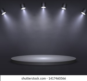 Realistic platform, podium or pedestal with spotlights