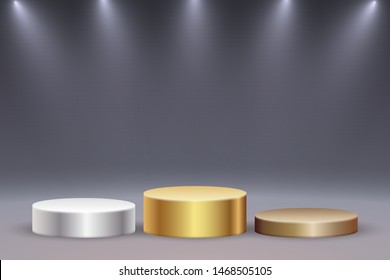 Realistic platform, podium or pedestal with spotlights