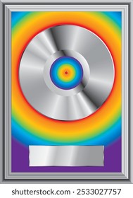 realistic platinum vinyl plate in silver frame, retro music success background