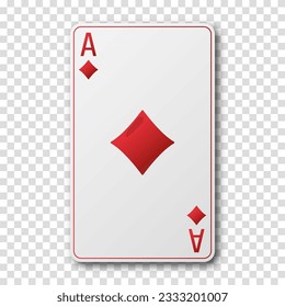Realistic playing card for poker or blackjack. Ace of diamonds suit on a transparent background. Vector illustration.