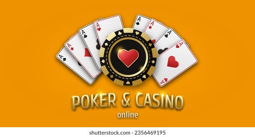 Realistic playing chip heart and playing ace cards of all suits. Banner for web app or site. Concept poker and casino. Vector poster for championship. Gambling token with suit hearts.