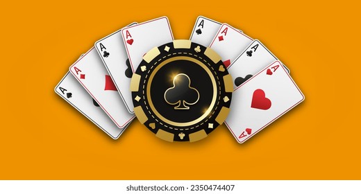 Jugar al chip de manera realista con el traje de los palos, las fichas de juego. Fanáticos de jugar cartas de todos los trajes. El concepto de jugar al póquer o al casino. Ilustración vectorial en una bg naranja.