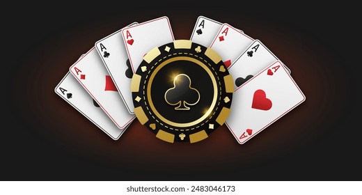 Ficha de juego realista con el traje de clubes, fichas de juego. Los fanáticos de jugar a las cartas son de todos los palos. El concepto de jugar al póquer o casino. Anuncio de juego para la aplicación de Web o sitio. Vector