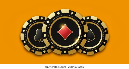 Realistic playing chip with the suit of diamond in the center, gambling tokens. Trio of playing chips or token. Concept poker or casino. Gambling coin with suit diamonds. Banner for web app or site.