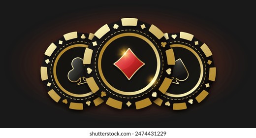 Ficha de juego realista con el traje de diamante en el centro, fichas de juego. Trío de fichas o fichas. Concepto de póquer o casino. Moneda de juego con diamantes de palo. Anuncio para App o sitio de Web.