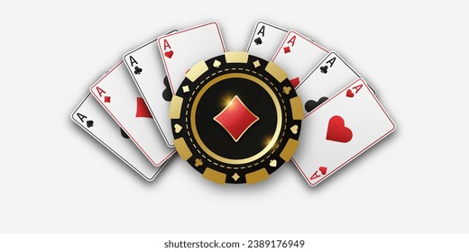 Realistic playing chip with the suit of diamonds, gambling tokens. Fans of playing cards ace of all suits. The concept of playing poker or casino. Vector illustration on a white bg.