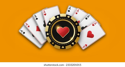 Jugar a las fichas con el traje de los corazones, apostar a las fichas. Fanáticos de jugar cartas de todos los trajes. El concepto de jugar al póquer o al casino. Ilustración vectorial en una bg naranja.