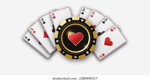 Realistic playing chip with the suit of hearts, gambling tokens. Fans of playing cards ace of all suits. The concept of playing poker or casino. Vector illustration on a white bg.