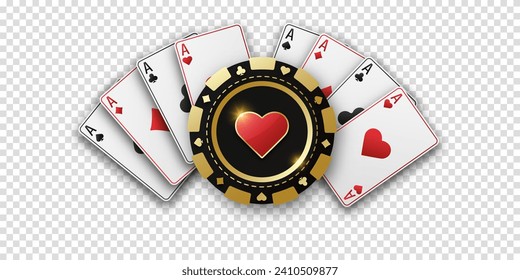 Realistic playing chip with the suit of hearts, gambling tokens. Fans of playing cards ace of all suits. The concept of playing poker or casino. Vector illustration on a transparent bg.