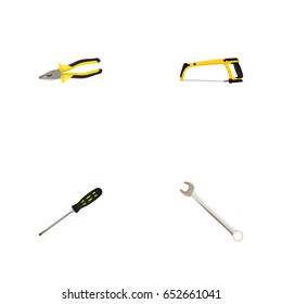 Realistic Pliers, Arm-Saw, Spanner And Other Vector Elements. Set Of Instruments Realistic Symbols Also Includes Tool, Saw, Pliers Objects.
