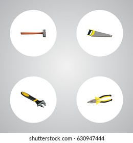 Realistic Pliers, Hacksaw, Handle Hit Vector Elements. Set Of Kit Realistic Symbols Also Includes Hacksaw, Sledge, Tongs Objects.
