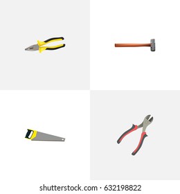 Realistic Pliers, Handle Hit, Forceps Vector Elements. Set Of Kit Realistic Symbols Also Includes Sawmill, Pincers, Saw Objects.