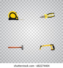 Realistic Pliers, Length Roulette, Arm-Saw And Other Vector Elements. Set Of Instruments Realistic Symbols Also Includes Tongs, Pliers, Roller Objects.