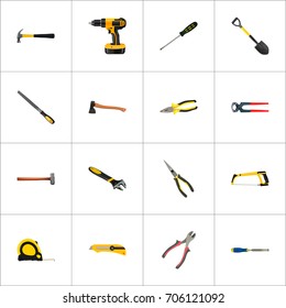 Realistic Pliers, Length Roulette, Sharpener And Other Vector Elements. Set Of Instruments Realistic Symbols Also Includes Appliance, Electric, Drill Objects.