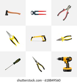 Realistic Pliers, Nippers, Electric Screwdriver And Other Vector Elements. Set Of Construction Realistic Symbols Also Includes Saw, Forceps, Screwdriver Objects.