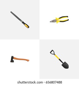 Realistic Pliers, Sharpener, Spade And Other Vector Elements. Set Of Instruments Realistic Symbols Also Includes Emery, Tongs, Tool Objects.