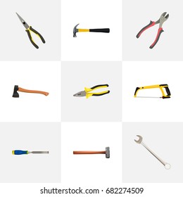 Realistic Pliers, Spanner, Claw And Other Vector Elements. Set Of Tools Realistic Symbols Also Includes Key, Hammer, Tongs Objects.
