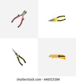 Realistic Pliers, Stationery Knife, Nippers And Other Vector Elements. Set Of Kit Realistic Symbols Also Includes Stationery, Nippers, Forceps Objects.