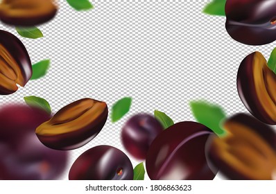 Realistic plum on transparent background. Whole plum, sliced plum with green leaves. Illustration for your poster, banner, natural product. 3D vector illustration.