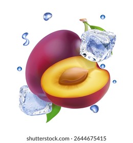 Ameixa realista. Ameixas maduras fruto com folha 3d vetor ilustração com cubos de gelo. Sumo de ameixa frio ou smoothie