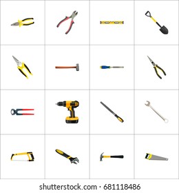 Realistic Plumb Ruler, Chisel, Nippers And Other Vector Elements. Set Of Instruments Realistic Symbols Also Includes Key, Nippers, Sledgehammer Objects.