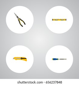 Realistic Plumb Ruler, Chisel, Stationery Knife And Other Vector Elements. Set Of Tools Realistic Symbols Also Includes Nippers, Level, Chisel Objects.