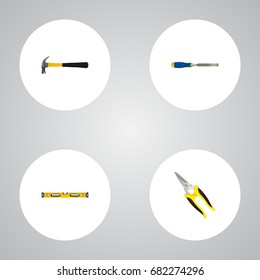 Realistic Plumb Ruler, Claw, Chisel And Other Vector Elements. Set Of Tools Realistic Symbols Also Includes Carpenter, Level, Tool Objects.