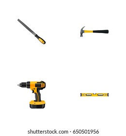 Realistic Plumb Ruler, Claw, Electric Screwdriver And Other Vector Elements. Set Of Instruments Realistic Symbols Also Includes Claw, Level, Appliance Objects.
