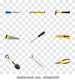 Realistic Plumb Ruler, Claw, Hacksaw And Other Vector Elements. Set Of Instruments Realistic Symbols Also Includes Carpenter, Wrench, Key Objects.
