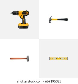 Realistic Plumb Ruler, Electric Screwdriver, Claw And Other Vector Elements. Set Of Tools Realistic Symbols Also Includes Sledgehammer, Hammer, Level Objects.