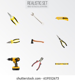 Realistic Plumb Ruler, Forceps, Scissors And Other Vector Elements. Set Of Instruments Realistic Symbols Also Includes Instrument, Nippers, Shear Objects.