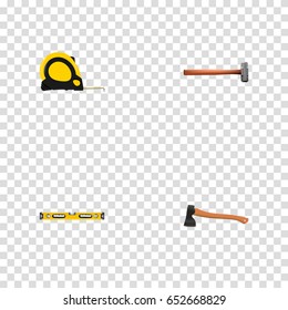 Realistic Plumb Ruler, Length Roulette, Hatchet And Other Vector Elements. Set Of  Realistic Symbols Also Includes Hatchet, Sledge, Ax Objects.